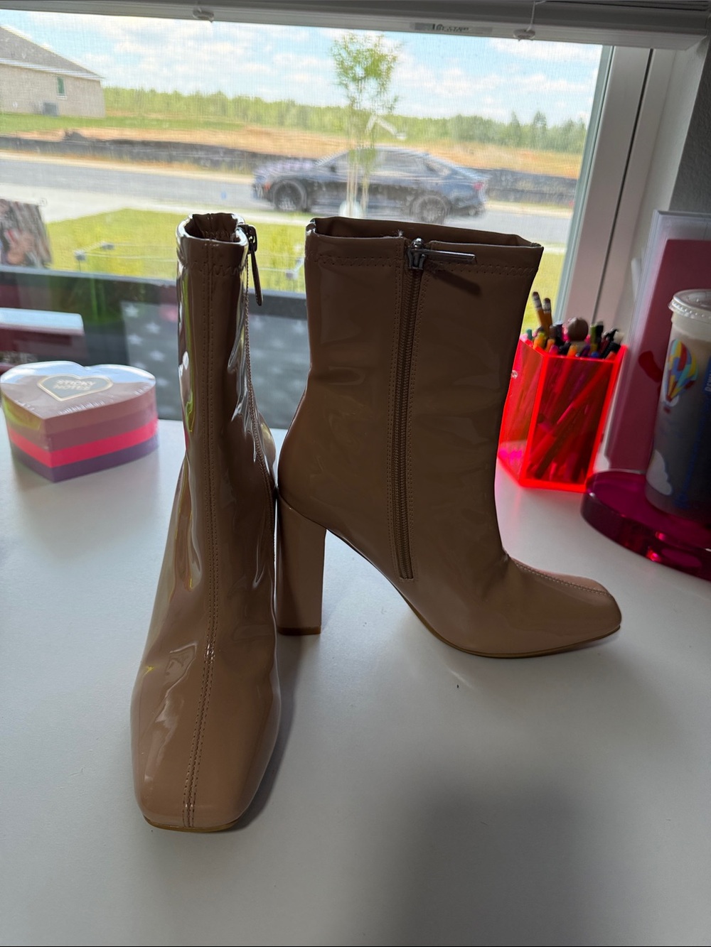 Cape Robbin Nude Patent Block Heel Ankle Boots